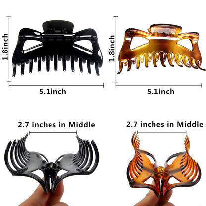 5.1" Jumbo Butterfly Hair Claw Clips for Thick Long Hair - Extra Large Non-Slip Clamps (2-Pack, Black & Amber Brown)