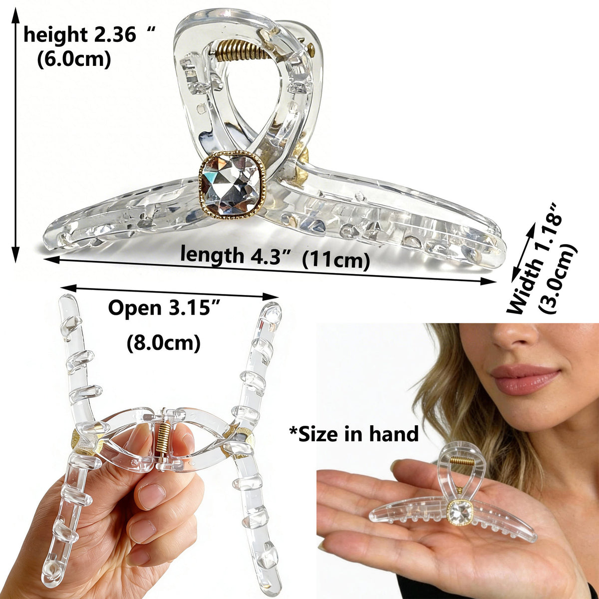 Sparkling Crystal Hair Claw Clips - 4.3" Large Non-Slip Butterfly Hair Clamps (2-Pack)