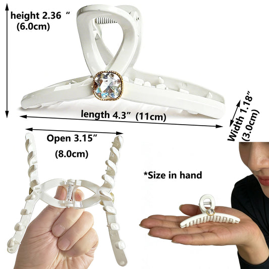 Sparkling Crystal Hair Claw Clips - 4.3" Large Non-Slip French Hair Butterfly Clamps (2-Pack, Glossy White & Tortoiseshell Amber)