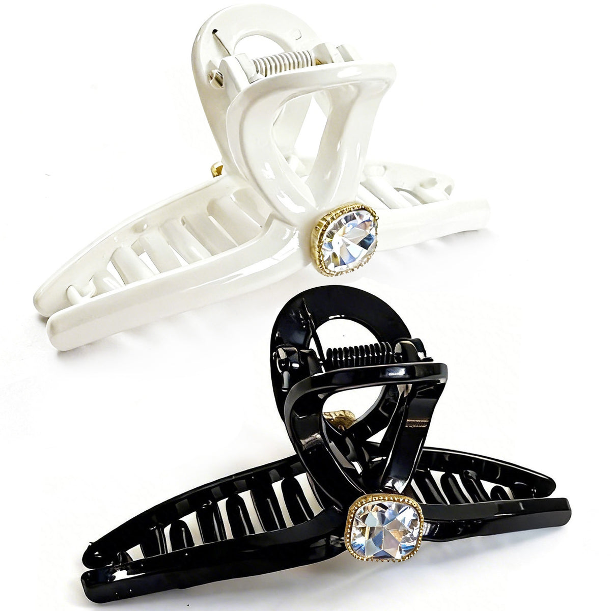Sparkling Crystal Hair Claw Clips - 4.3" Large Non-Slip Hair Butterfly Clamps (2-Pack, Black & White)