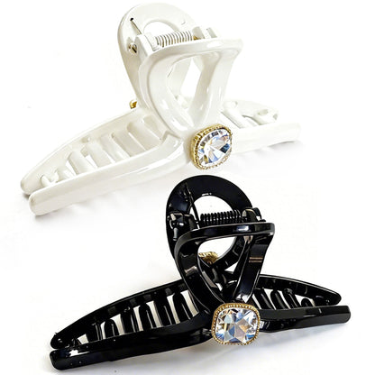 Sparkling Crystal Hair Claw Clips - 4.3" Large Non-Slip Hair Butterfly Clamps (2-Pack, Black & White)