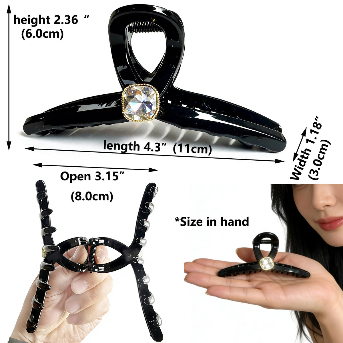 Sparkling Crystal Hair Claw Clips - 4.3" Large Non-Slip Hair Butterfly Clamps (2-Pack, Black & White)