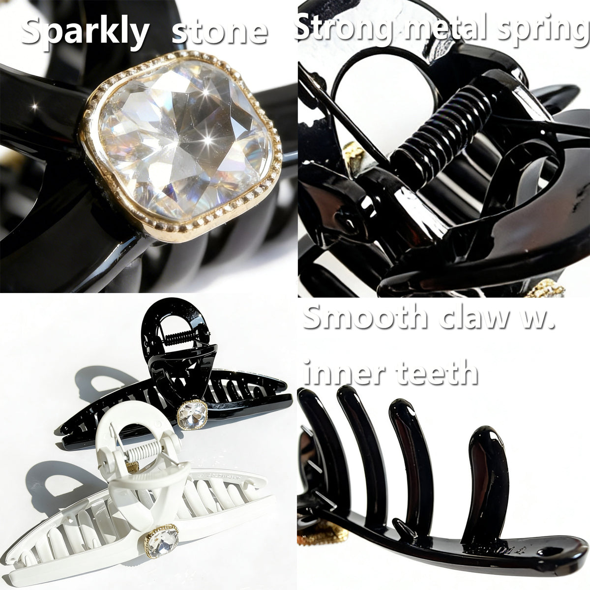 Sparkling Crystal Hair Claw Clips - 4.3" Large Non-Slip Hair Butterfly Clamps (2-Pack, Black & White)
