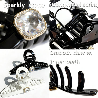 Sparkling Crystal Hair Claw Clips - 4.3" Large Non-Slip Hair Butterfly Clamps (2-Pack, Black & White)