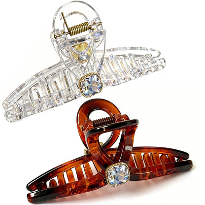 Sparkling Crystal Hair Claw Clips - 4.3\" Large Non-Slip Hair Butterfly Clamps (2-Pack, Clear & Tortoiseshell Amber)