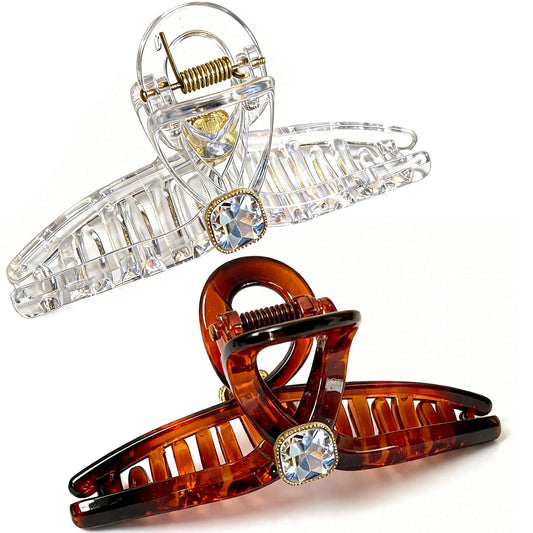 Sparkling Crystal Hair Claw Clips - 4.3\" Large Non-Slip Hair Butterfly Clamps (2-Pack, Clear & Tortoiseshell Amber)