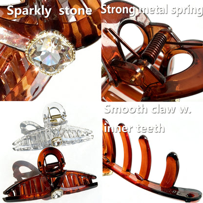Sparkling Crystal Hair Claw Clips - 4.3\" Large Non-Slip Hair Butterfly Clamps (2-Pack, Clear & Tortoiseshell Amber)
