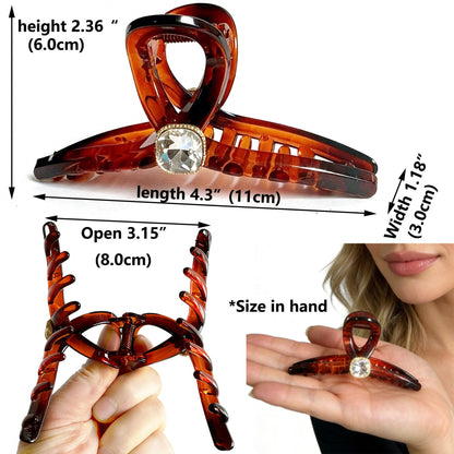 Sparkling Crystal Hair Claw Clips - 4.3" Large Non-Slip French Hair Butterfly Clamps (2-Pack, Tortoiseshell Amber & Glossy Black)