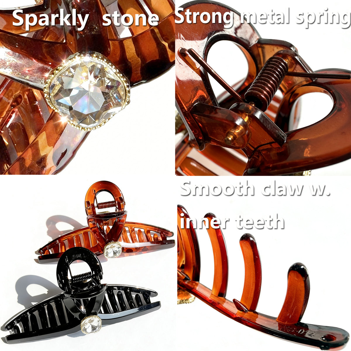 Sparkling Crystal Hair Claw Clips - 4.3" Large Non-Slip French Hair Butterfly Clamps (2-Pack, Tortoiseshell Amber & Glossy Black)