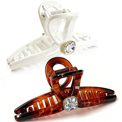 Sparkling Crystal Hair Claw Clips - 4.3" Large Non-Slip French Hair Butterfly Clamps (2-Pack, Glossy White & Tortoiseshell Amber)