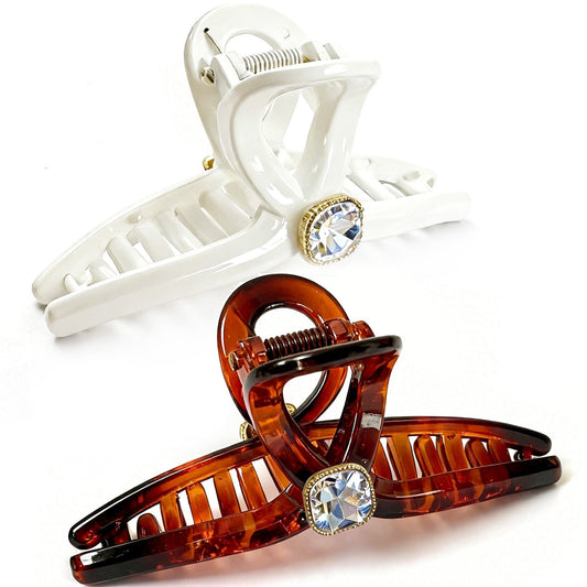 Sparkling Crystal Hair Claw Clips - 4.3" Large Non-Slip French Hair Butterfly Clamps (2-Pack, Glossy White & Tortoiseshell Amber)