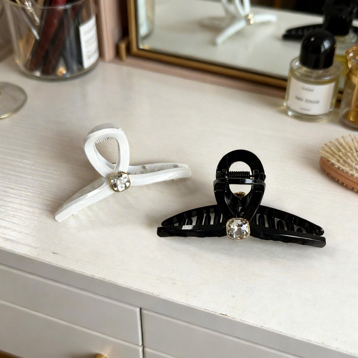 Sparkling Crystal Hair Claw Clips - 4.3" Large Non-Slip Hair Butterfly Clamps (2-Pack, Black & White)