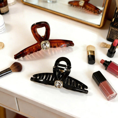 Sparkling Crystal Hair Claw Clips - 4.3" Large Non-Slip French Hair Butterfly Clamps (2-Pack, Tortoiseshell Amber & Glossy Black)