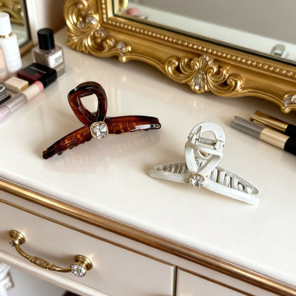 Sparkling Crystal Hair Claw Clips - 4.3" Large Non-Slip French Hair Butterfly Clamps (2-Pack, Glossy White & Tortoiseshell Amber)