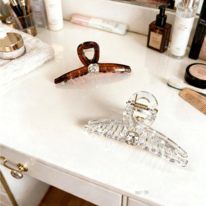 Sparkling Crystal Hair Claw Clips - 4.3\" Large Non-Slip Hair Butterfly Clamps (2-Pack, Clear & Tortoiseshell Amber)