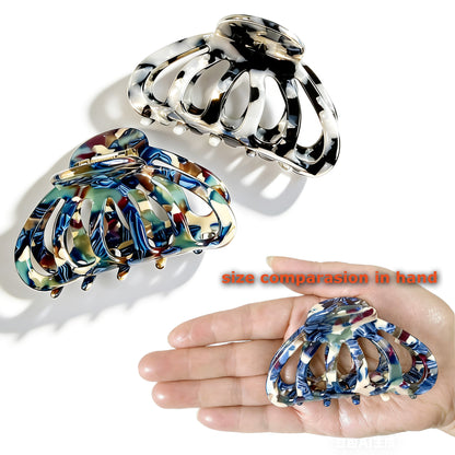Cellulose Acetate French Hair Claw Clips - 3.3" Medium Boho Barrettes (2-Pack with Gift Pouch, Bohemian Blue & Grey Marble)
