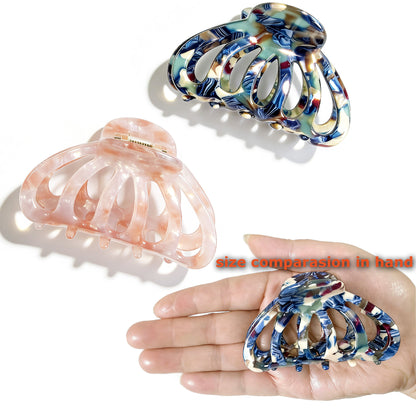 Cellulose Acetate French Hair Claw Clips - 3.3" Medium Boho Barrettes (2-Pack with Gift Pouch, Pink Marble & Midnight Blue)