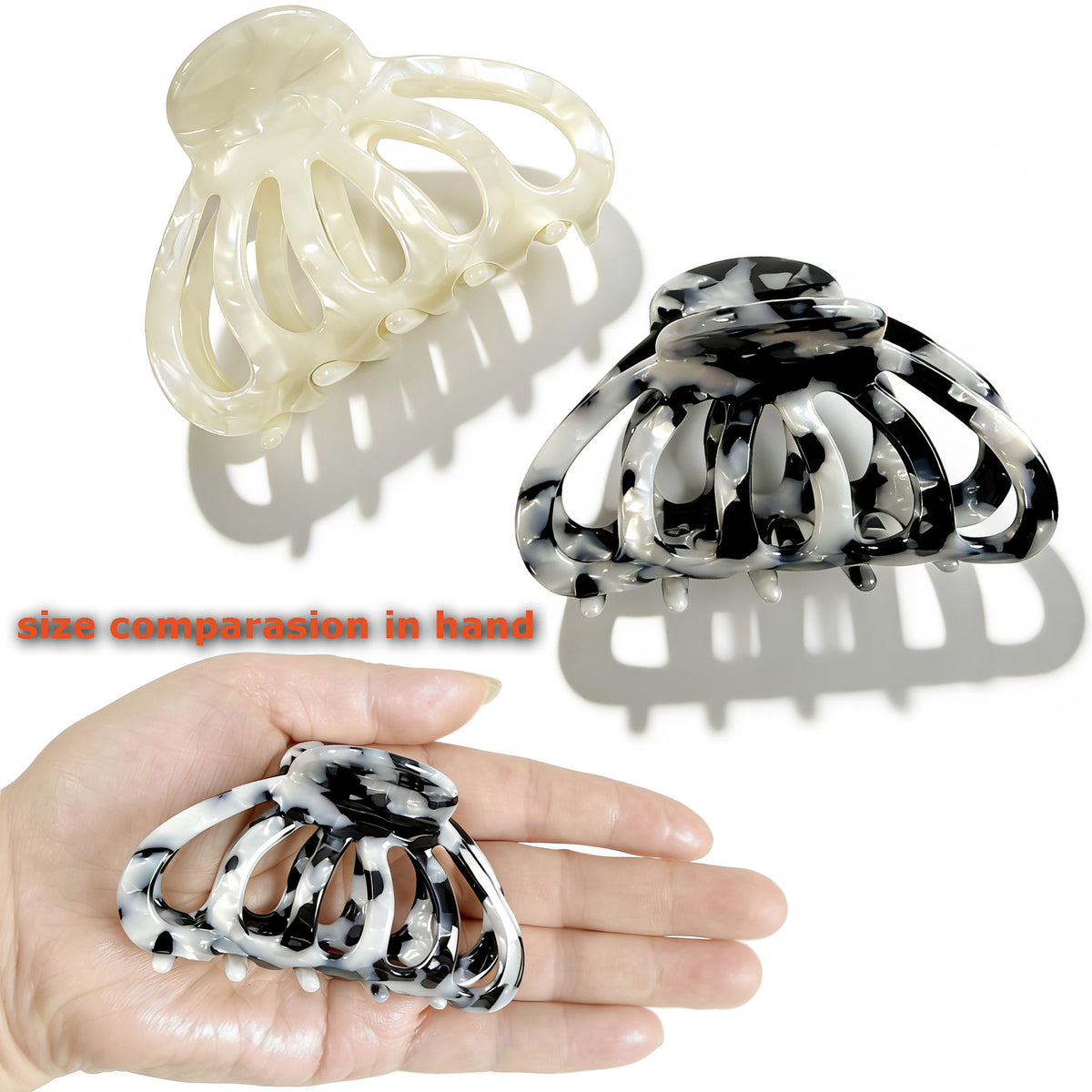 Cellulose Acetate French Hair Claw Clips - 3.3" Medium Boho Marble Barrettes (2-Pack with Gift Pouch, Pearl White & Monochrome Marble)