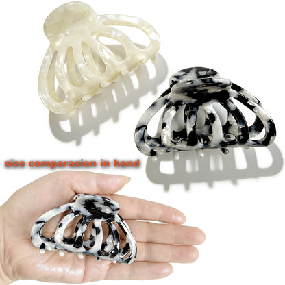 Cellulose Acetate French Hair Claw Clips - 3.3" Medium Boho Marble Barrettes (2-Pack with Gift Pouch, Pearl White & Monochrome Marble)