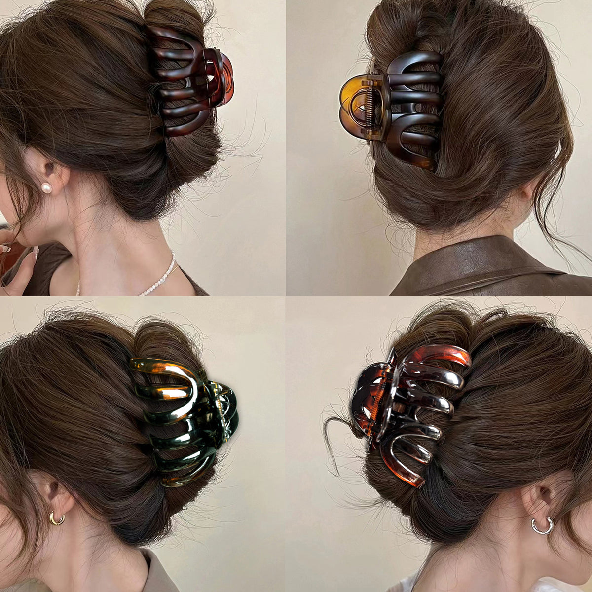 Vintage Leopard Octopus Hair Claw Clips - 3.94" Large Matte & Glossy Brown Jaw Clips (4-Piece Set for Thick Hair, Neutral Everyday Basics)