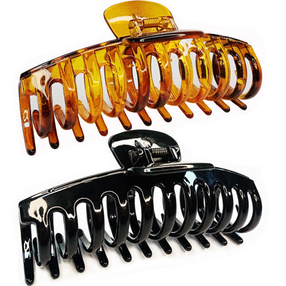 Jumbo 5.5" Glossy Hair Claw Clips for Thick Hair - Extra Large Non-Slip Jaw Clips (2-Piece Set - Jet Black & Amber Tortoise)