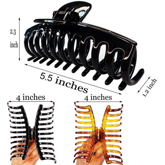 Jumbo 5.5" Glossy Hair Claw Clips for Thick Hair - Extra Large Non-Slip Jaw Clips (2-Piece Set - Jet Black & Amber Tortoise)