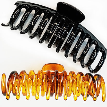 Jumbo 5.5" Glossy Hair Claw Clips for Thick Hair - Extra Large Non-Slip Jaw Clips (2-Piece Set - Jet Black & Amber Tortoise)