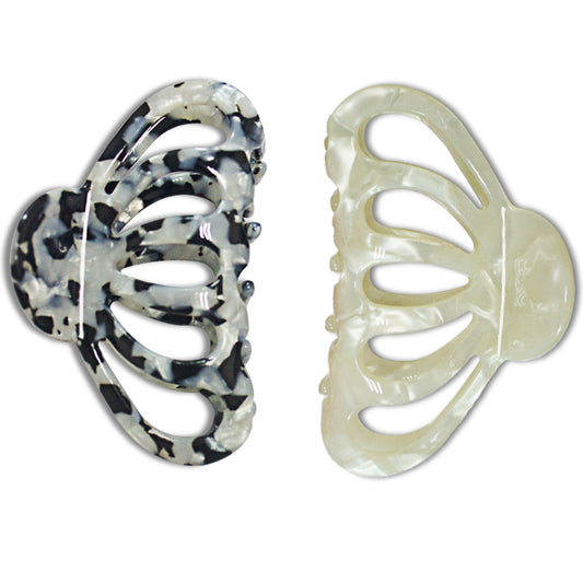 Cellulose Acetate French Hair Claw Clips - 3.3" Medium Boho Marble Barrettes (2-Pack with Gift Pouch, Pearl White & Monochrome Marble)
