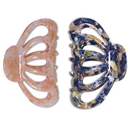 Cellulose Acetate French Hair Claw Clips - 3.3" Medium Boho Barrettes (2-Pack with Gift Pouch, Pink Marble & Midnight Blue)