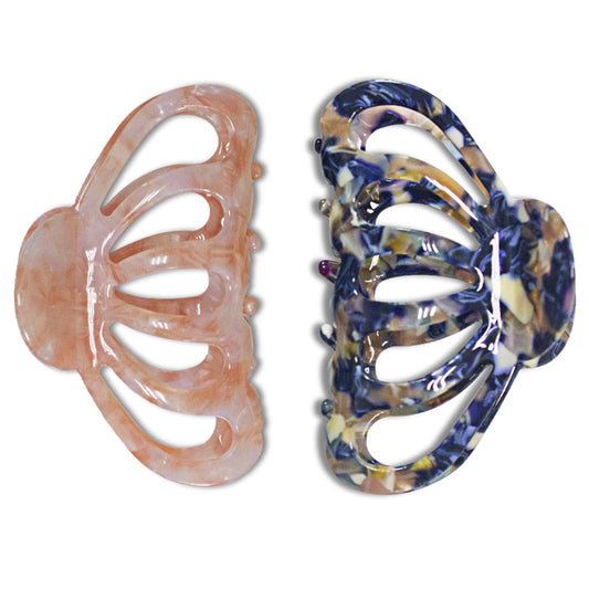 Cellulose Acetate French Hair Claw Clips - 3.3" Medium Boho Barrettes (2-Pack with Gift Pouch, Pink Marble & Midnight Blue)