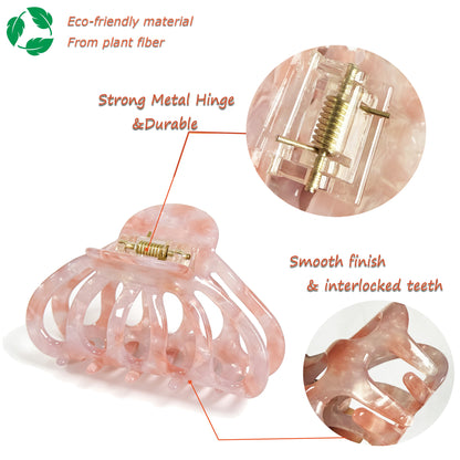 Cellulose Acetate French Hair Claw Clips - 3.3" Medium Boho Barrettes (2-Pack with Gift Pouch, Pearl White & Blossom Pink Marble)