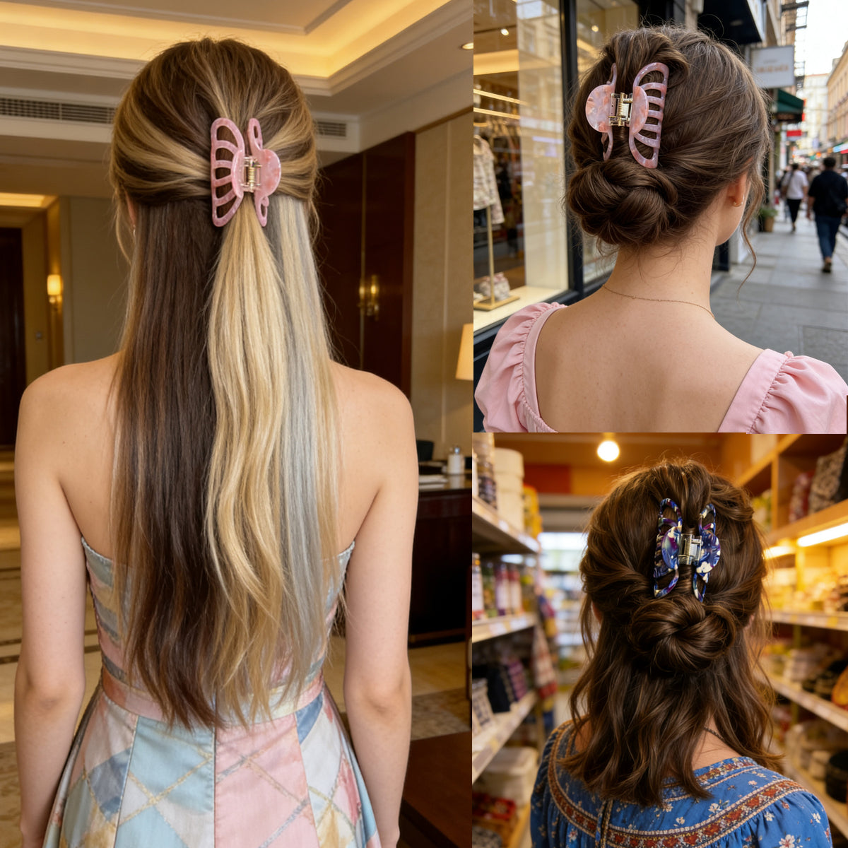 Cellulose Acetate French Hair Claw Clips - 3.3" Medium Boho Barrettes (2-Pack with Gift Pouch, Pink Marble & Midnight Blue)