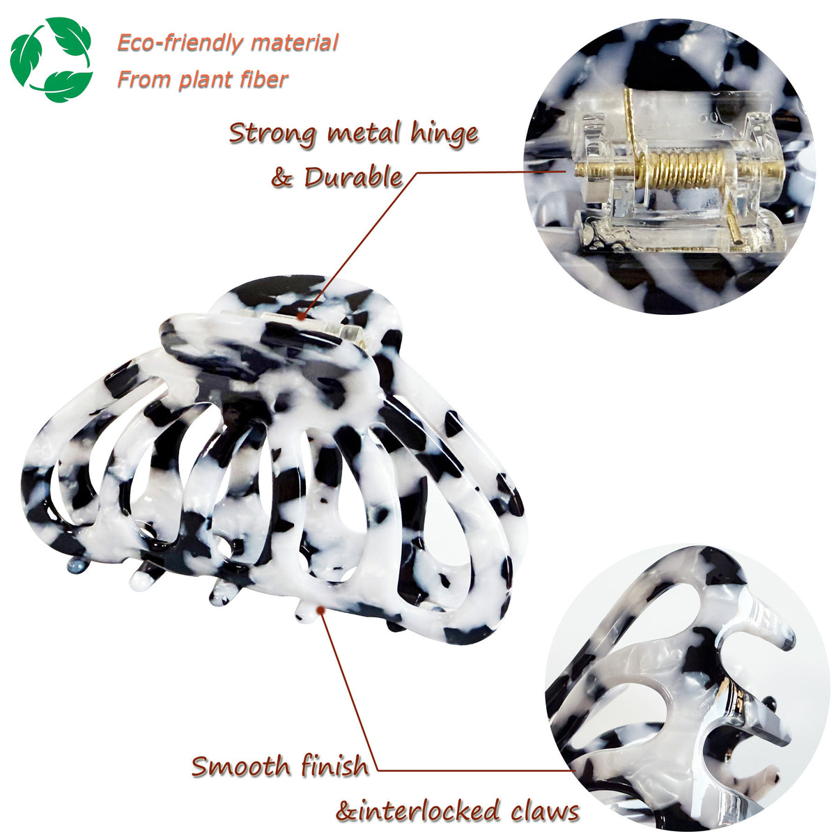 Cellulose Acetate French Hair Claw Clips - 3.3" Medium Boho Marble Barrettes (2-Pack with Gift Pouch, Pearl White & Monochrome Marble)
