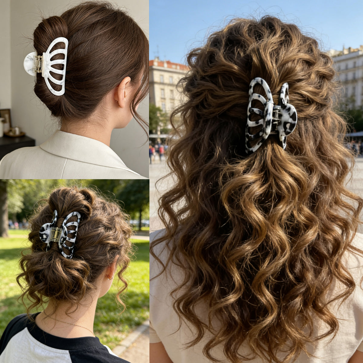 Cellulose Acetate French Hair Claw Clips - 3.3" Medium Boho Marble Barrettes (2-Pack with Gift Pouch, Pearl White & Monochrome Marble)