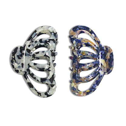 Cellulose Acetate French Hair Claw Clips - 3.3" Medium Boho Barrettes (2-Pack with Gift Pouch, Bohemian Blue & Grey Marble)