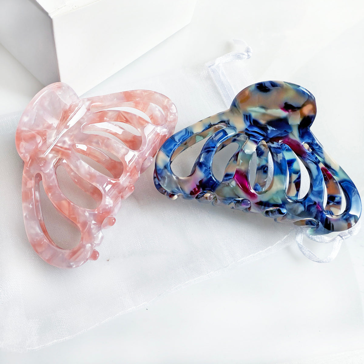 Cellulose Acetate French Hair Claw Clips - 3.3" Medium Boho Barrettes (2-Pack with Gift Pouch, Pink Marble & Midnight Blue)