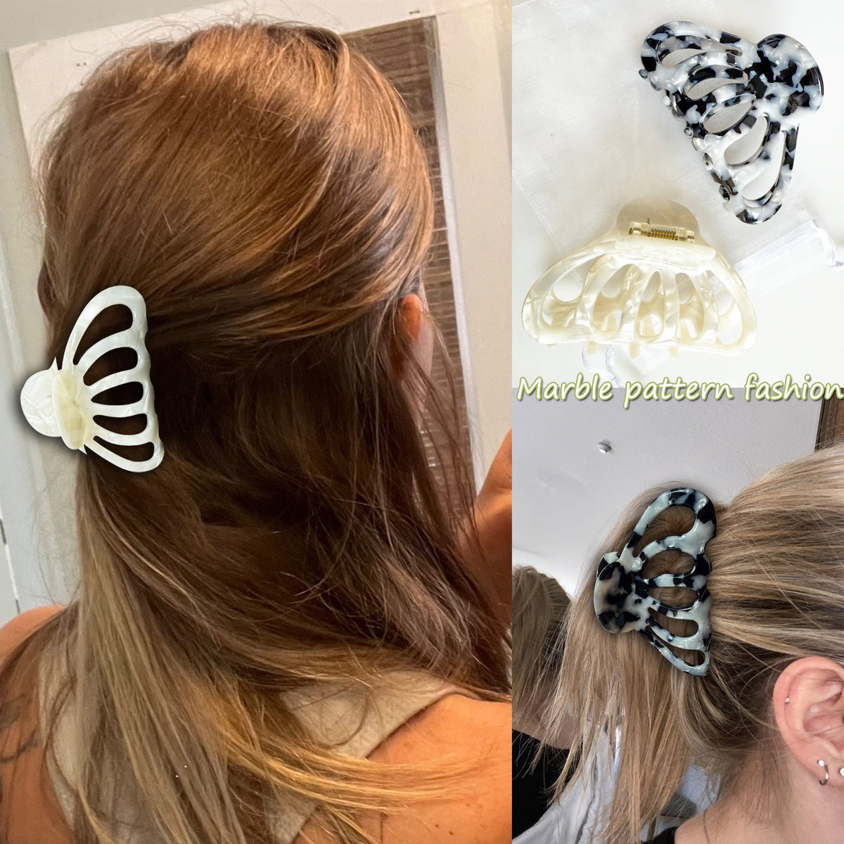Cellulose Acetate French Hair Claw Clips - 3.3" Medium Boho Barrettes (2-Pack with Gift Pouch, Pearl White & Blossom Pink Marble)