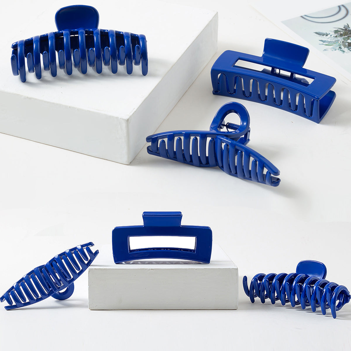Large Glossy Klein Blue Hair Claw Clips - Vibrant Cobalt Royal Blue Non-Slip Barrettes (3-Piece Set with Black Velvet Gift Pouch)