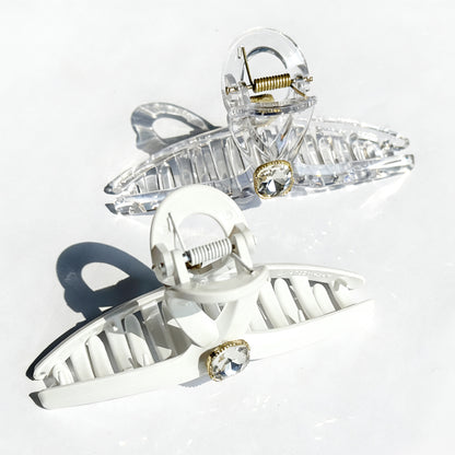 Sparkling Crystal Hair Claw Clips - 4.3" Large Non-Slip Butterfly Clamps (2-Pack, Clear & White)