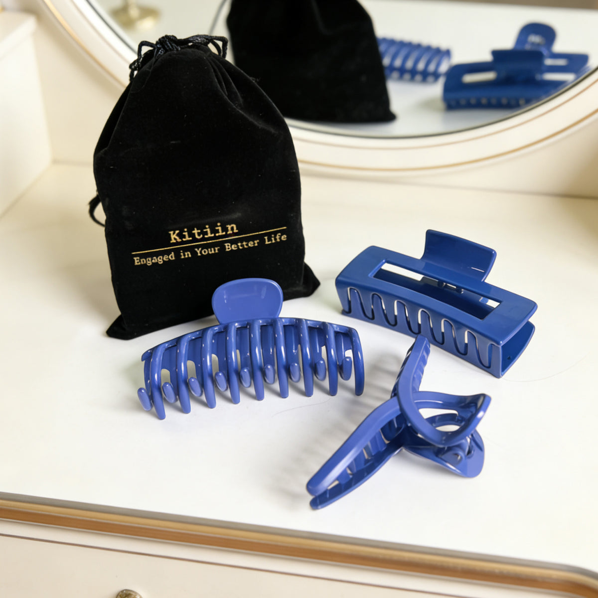Large Glossy Klein Blue Hair Claw Clips - Vibrant Cobalt Royal Blue Non-Slip Barrettes (3-Piece Set with Black Velvet Gift Pouch)
