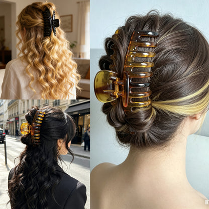 Jumbo 5.5" Glossy Hair Claw Clips for Thick Hair - Extra Large Non-Slip Jaw Clips (2-Piece Set - Jet Black & Amber Tortoise)