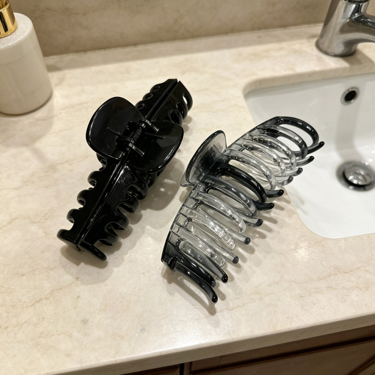 Jumbo 5.5" Glossy Hair Claw Clips for Thick Hair - Extra Large Non-Slip Jaw Clips (2-Piece Set - Jet Black & Crystal Clear)