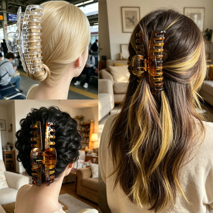 Jumbo 5.5" Glossy Hair Claw Clips for Thick Hair - Extra Large Non-Slip Jaw Clips (2-Piece Set - Crystal Clear & Amber Tortoiseshell)