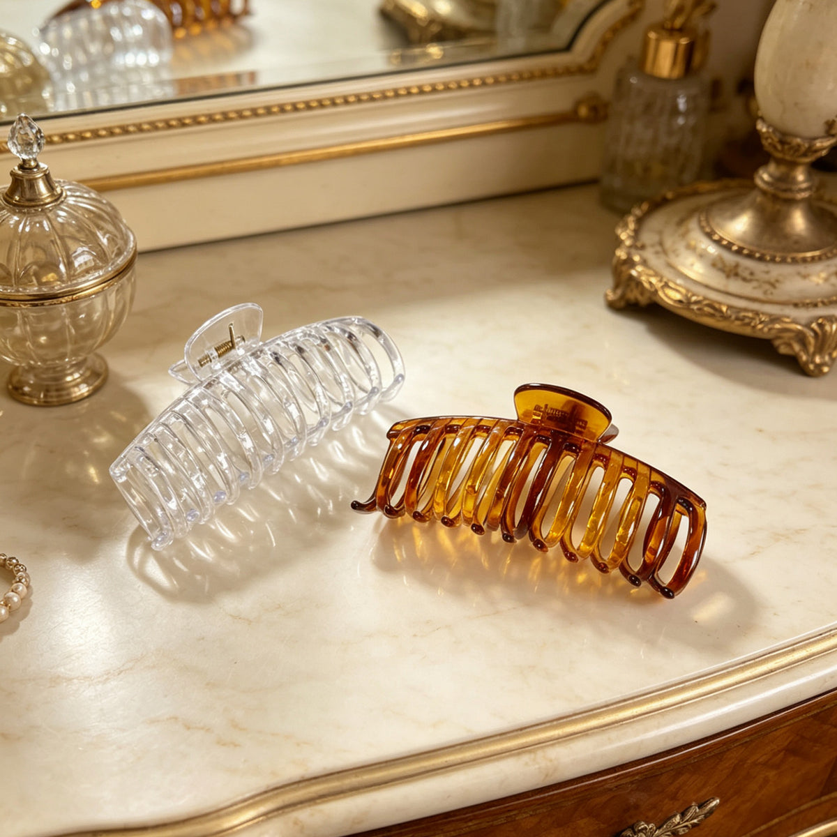 Jumbo 5.5" Glossy Hair Claw Clips for Thick Hair - Extra Large Non-Slip Jaw Clips (2-Piece Set - Crystal Clear & Amber Tortoiseshell)
