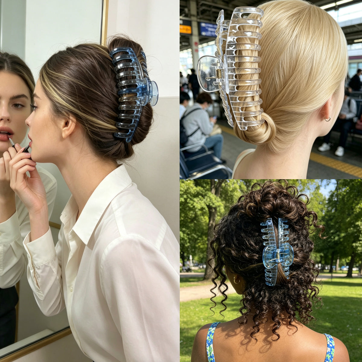 Jumbo 5.5" Glossy Hair Claw Clips for Thick Hair - Extra Large Non-Slip Jaw Clips (2-Piece Set - Crystal Clear & Cobalt Blue)