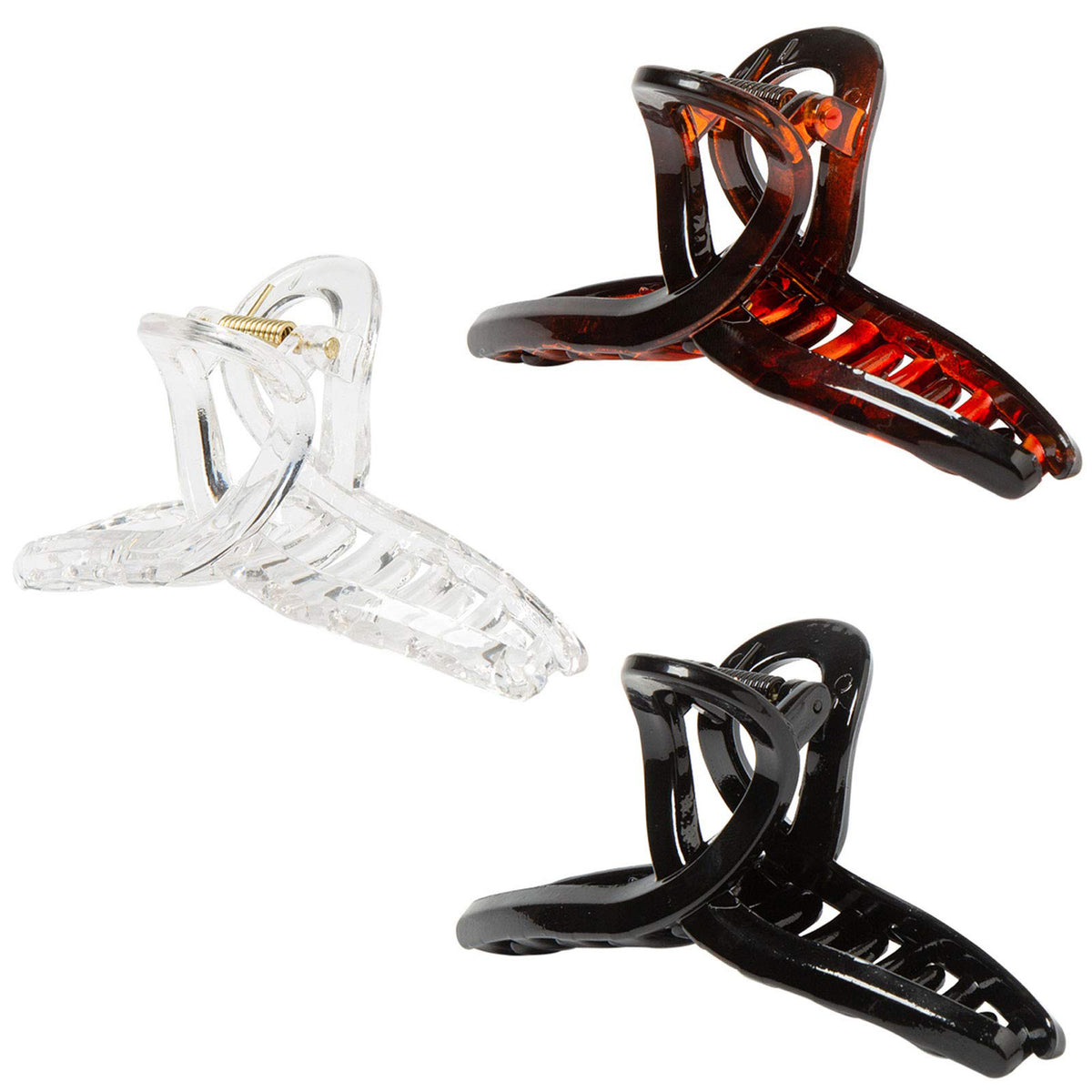 Glossy Butterfly Twist Hair Claw Clips for Thin & Fine Hair - Neutral Tortoise, Black & Clear (3-Piece Set with Black Velvet Gift Pouch)