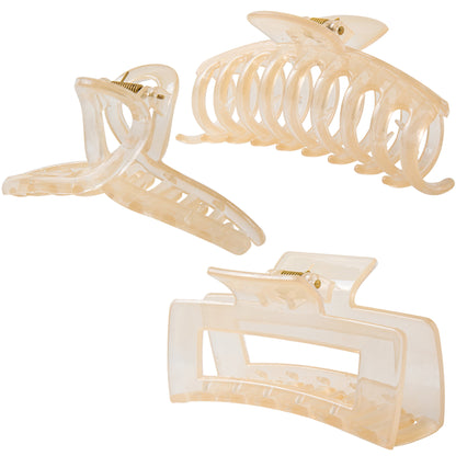 Large Glossy Champagne Hair Claw Clips - Translucent Cream Non-Slip Barrettes for All Hair (3-Piece Set with Black Velvet Gift Pouch)