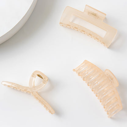 Large Glossy Champagne Hair Claw Clips - Translucent Cream Non-Slip Barrettes for All Hair (3-Piece Set with Black Velvet Gift Pouch)