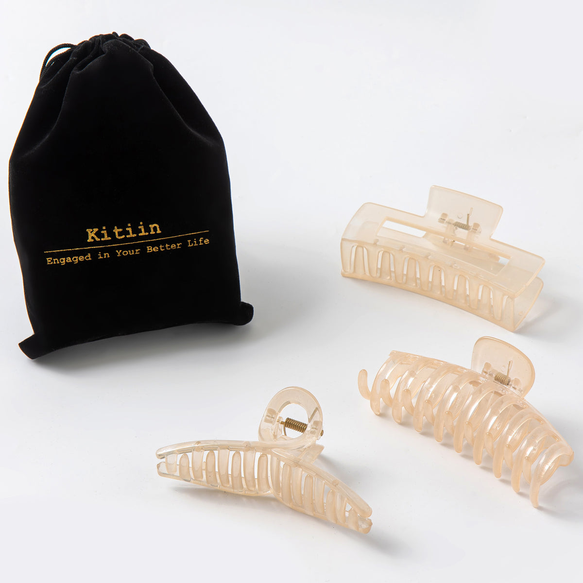 Large Glossy Champagne Hair Claw Clips - Translucent Cream Non-Slip Barrettes for All Hair (3-Piece Set with Black Velvet Gift Pouch)
