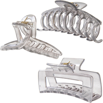 Large Glossy Smokey Grey Hair Claw Clips - Translucent Clear Non-Slip Barrettes for All Hair (3-Piece Set with Black Velvet Gift Pouch)